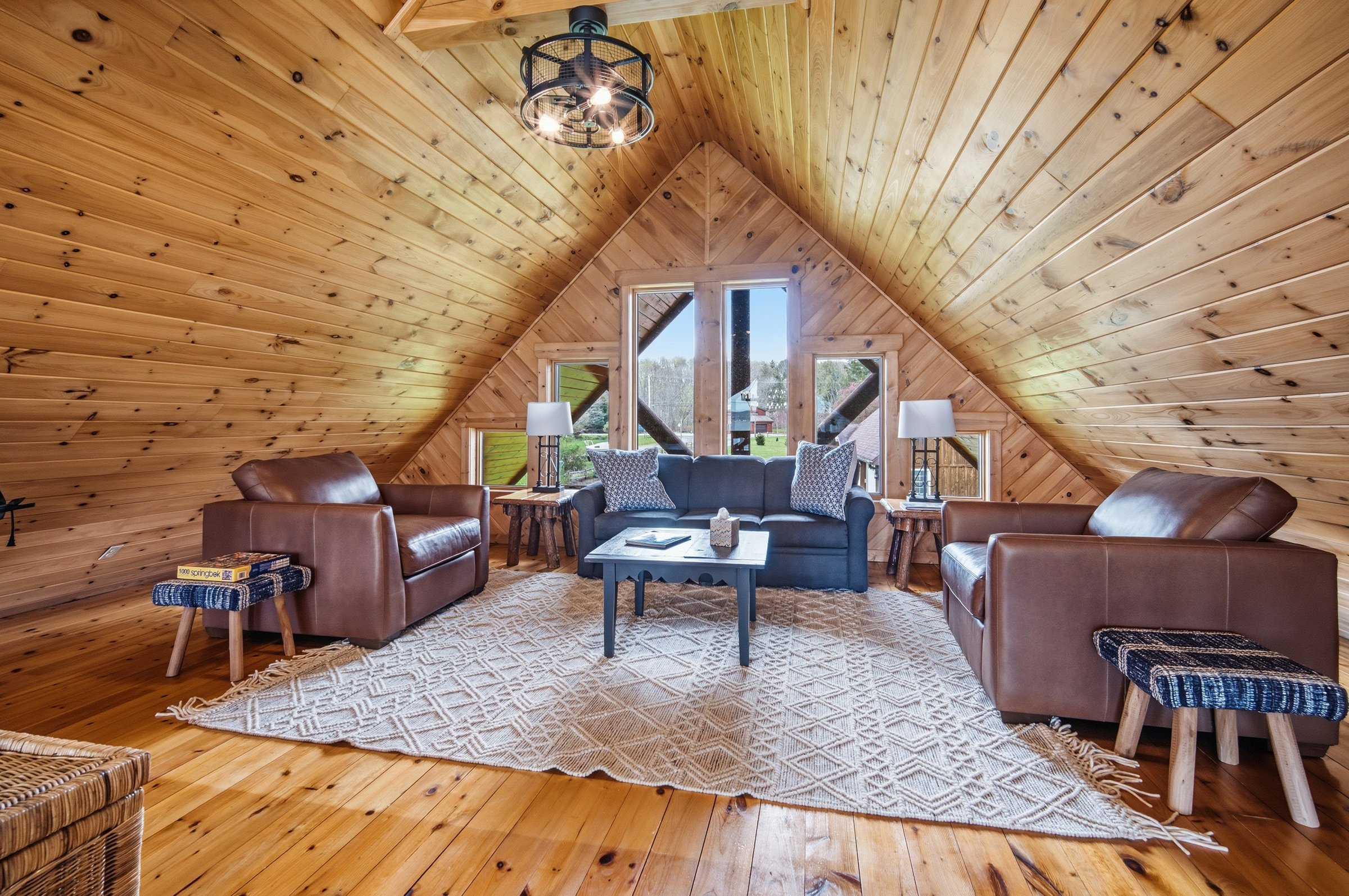 Loft with A-frame ceiling and puzzle table